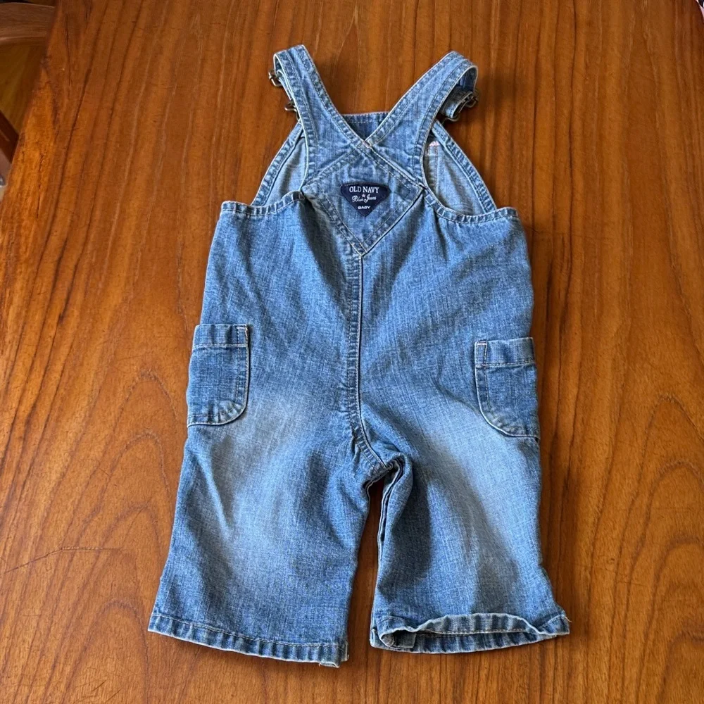 Old Navy Denim Baby Overalls 6-12M Blue Jean Romper Pink Bow